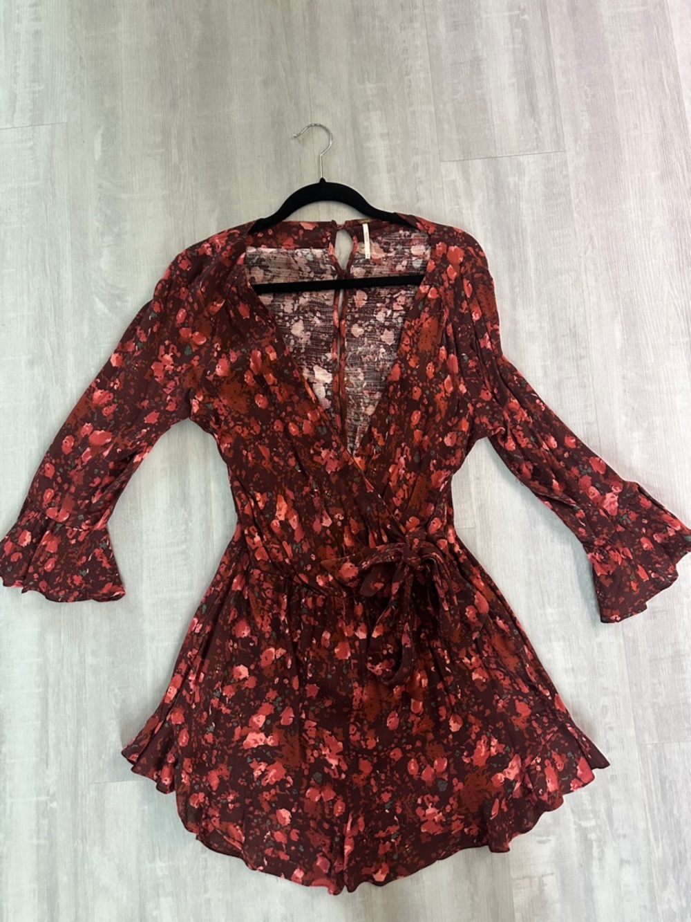 Free People Burgundy Floral Wrap Romper